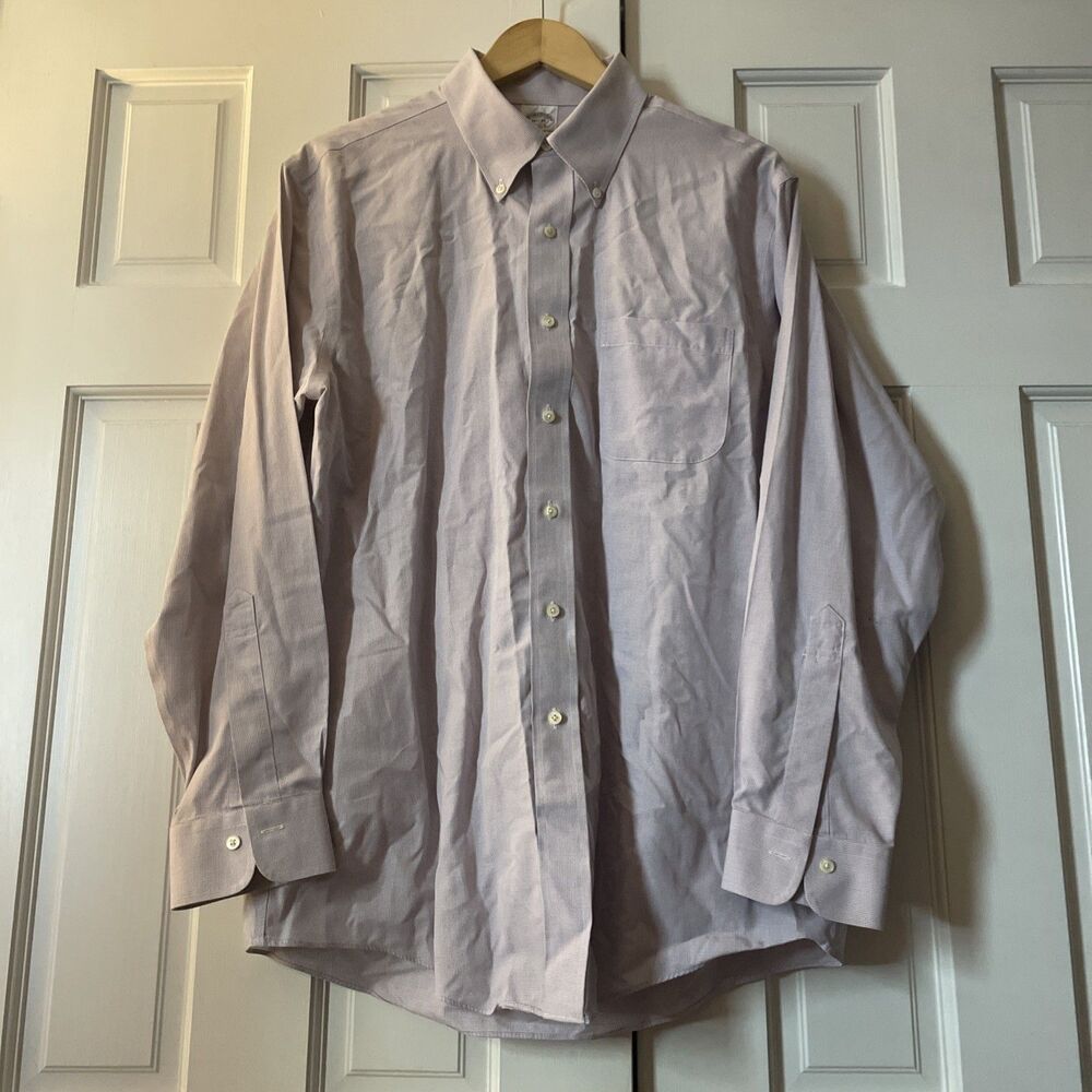 Brooks Brothers 1818 Men Dress Shirt 16.5 34 Slim Fit Lavender Check Non-Iron